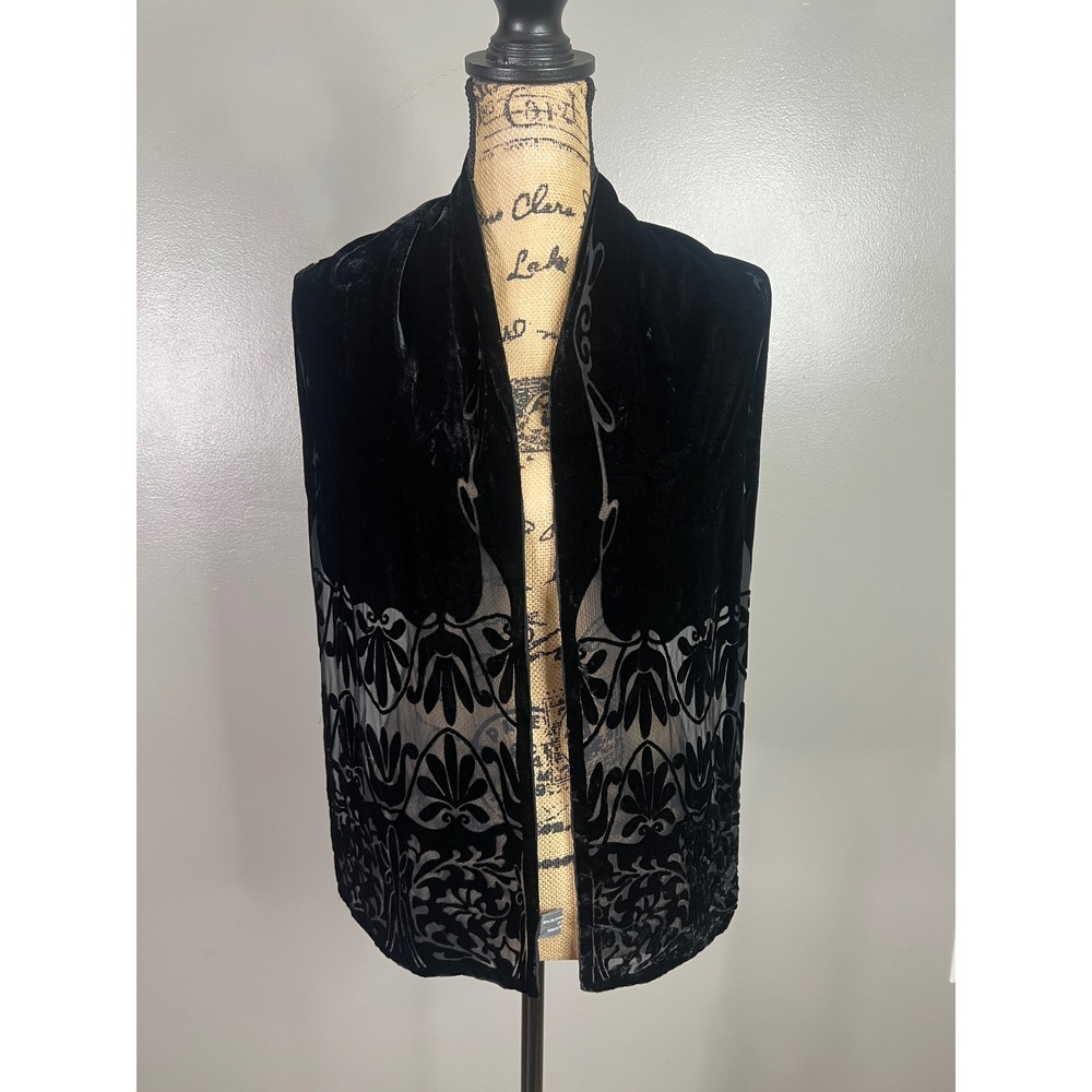 Black Burnout Velvet Silk Scarf Damask Floral Sheer Rectangular whimsy goth